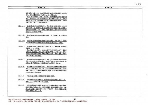 「どう見ても書き換えではなく改ざん・隠ぺい」と白議員が指摘した、財務省が提出した決裁文書。１ページまるごと削除されている。